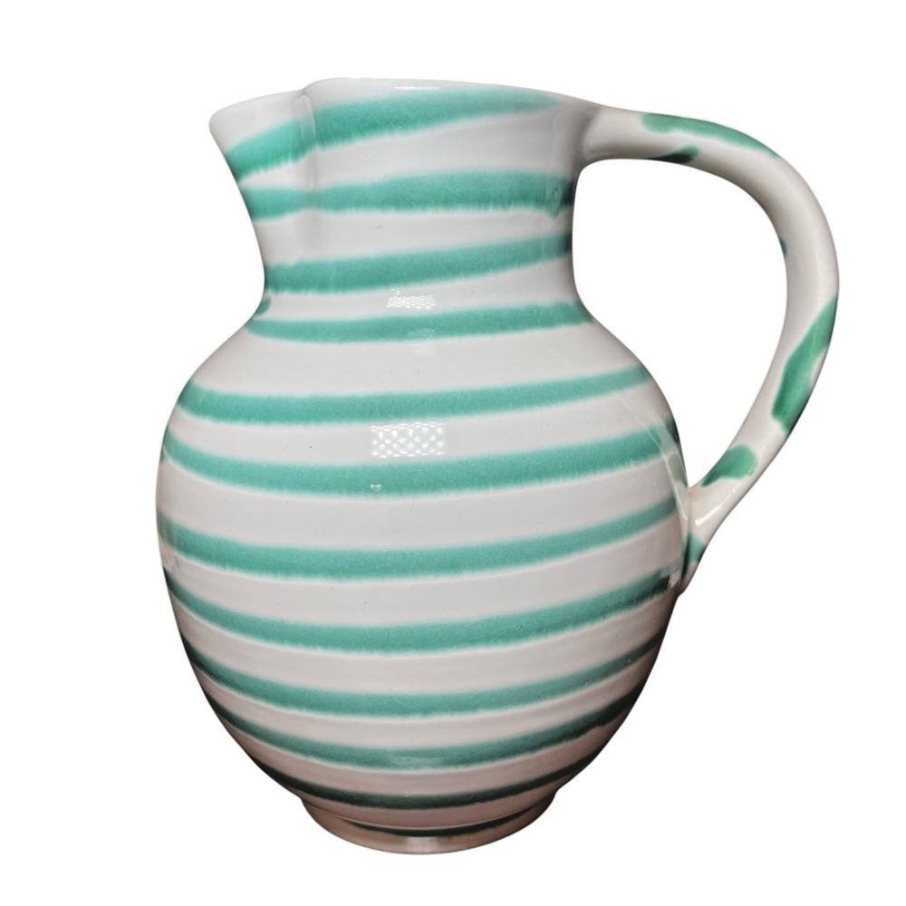Vintage Gmundner Keramik Rare Green Stripe Hand Painted Pitcher 7 Inches Tall - Picture 10 of 11